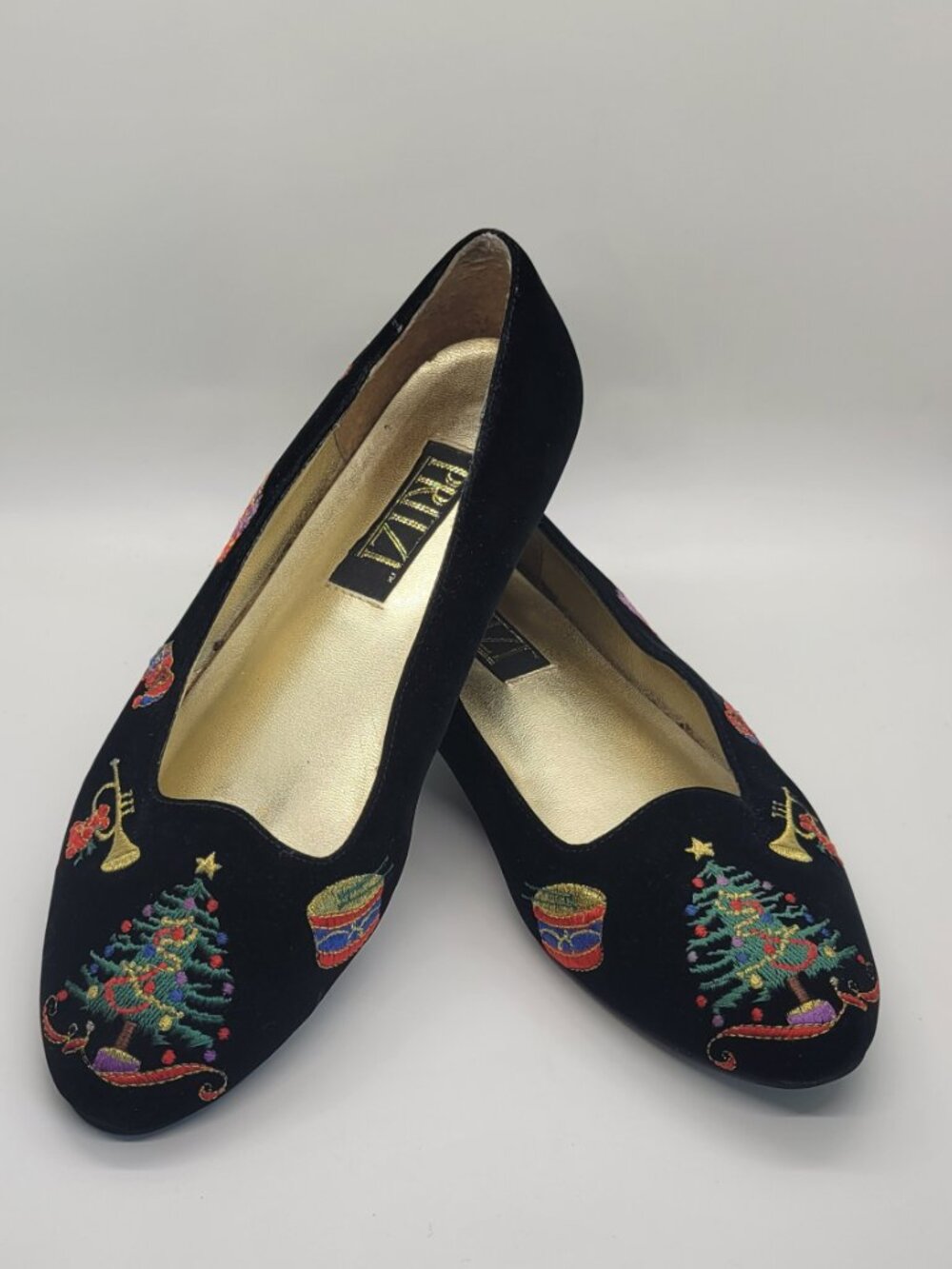 VTG Pritzi Christmas Tree Flats Women 8.5 Black Velvet Embroidered Holiday Shoes